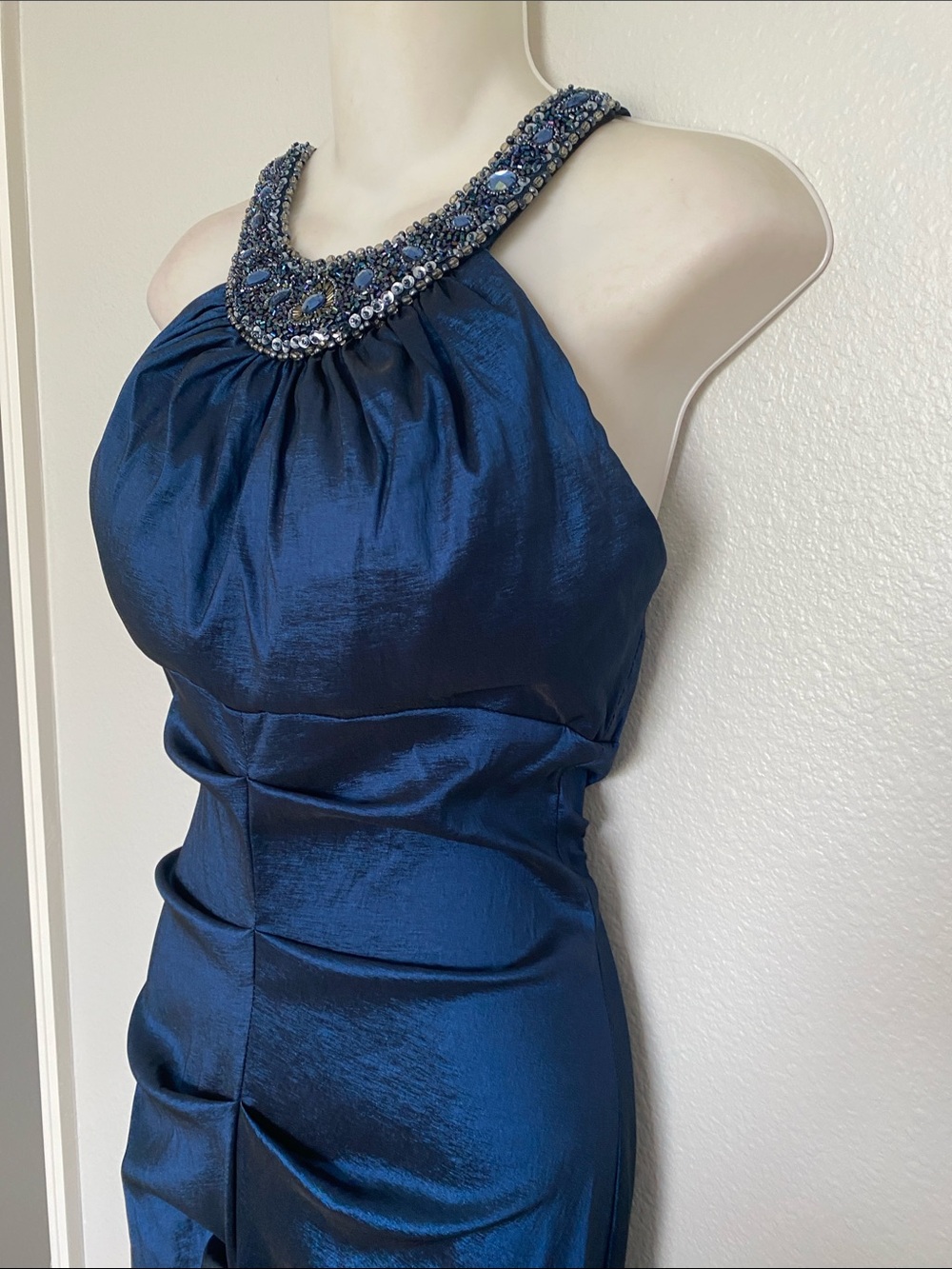 Xscape Elegant Beaded Halter Mermaid Hem Evening Full Length Gown in Deep Blue - Picture 5 of 12